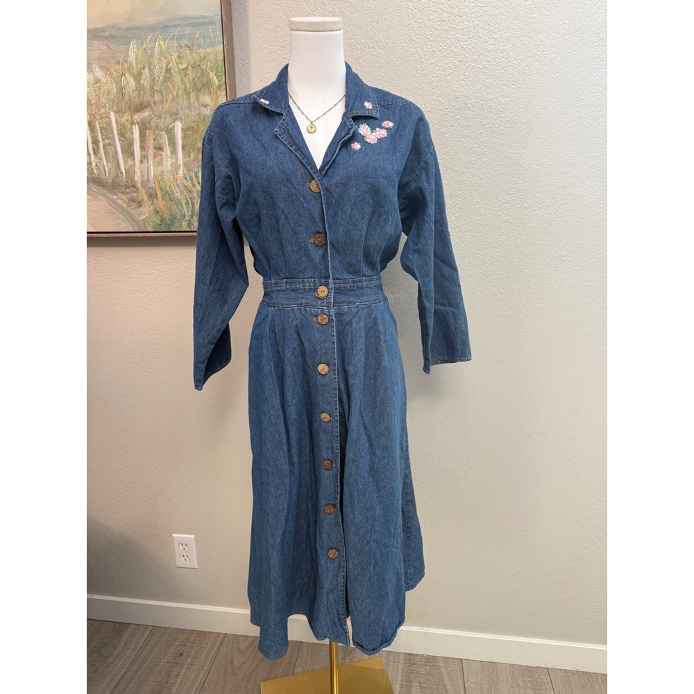 Vintage Floral Embroidered Denim Midi Dress Cottagecore 3/4 Sleeve Size 10